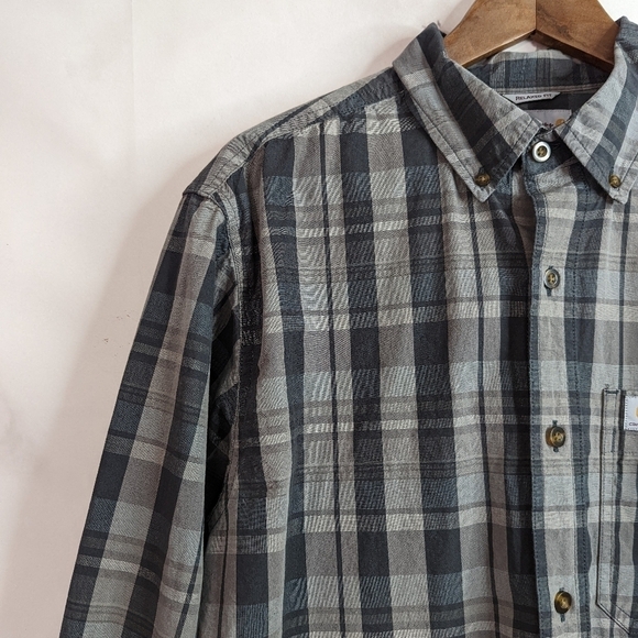 Carhartt Men Long Sleeve Medium Button Up Plaid Shirt Gray Collared Top - Picture 2 of 11